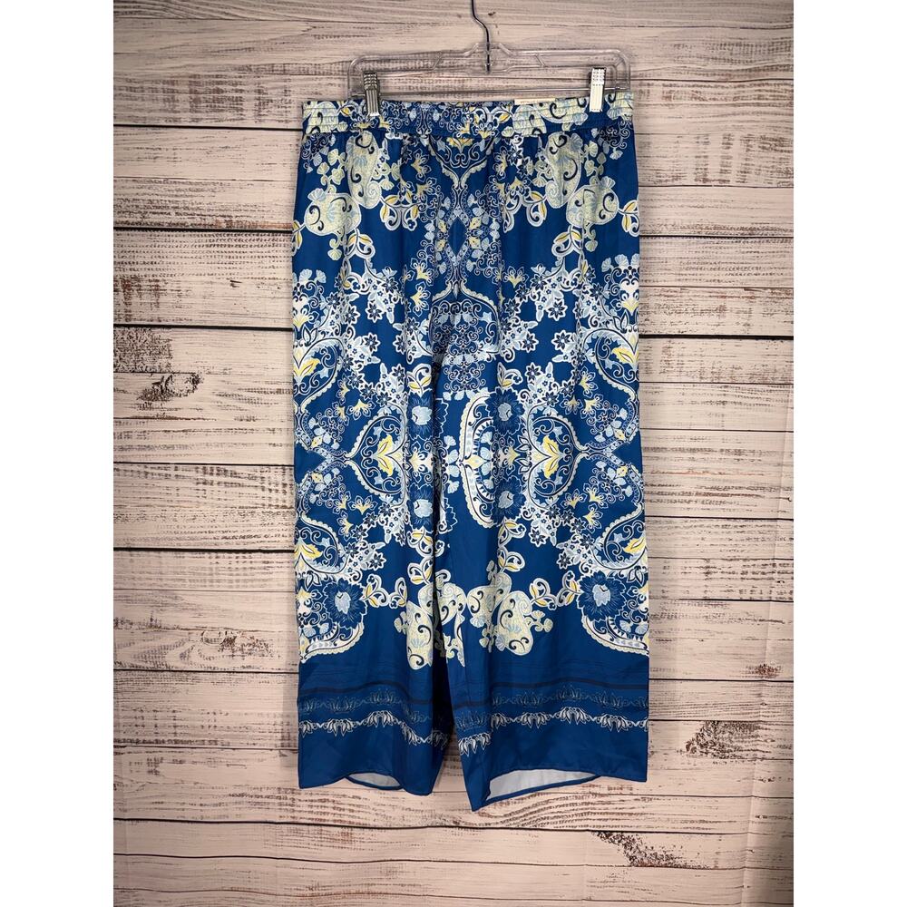 JM Collection Wide Leg Blue Paisley Pants Pull On Medium New Coastal Resort Boho